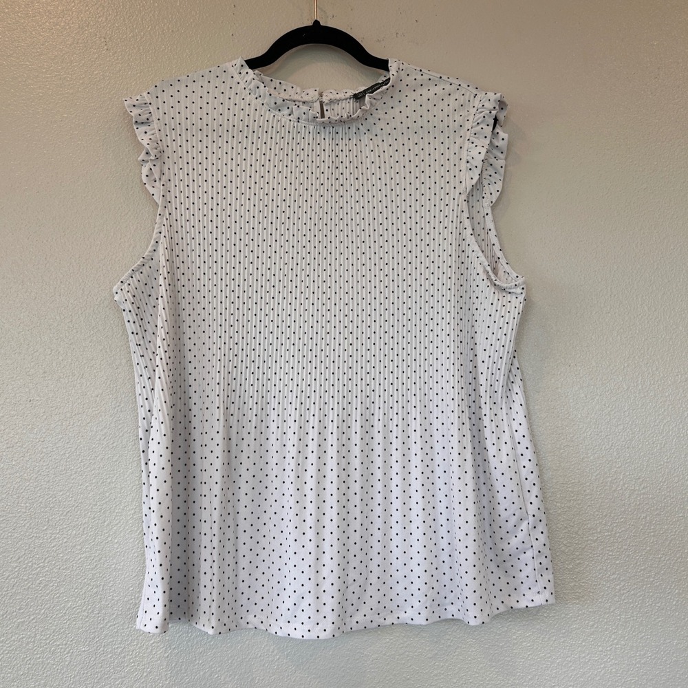 Adrianna Papell Womens XL White Black Polka Dot Pleated Ruffle Mock Neck Blouse